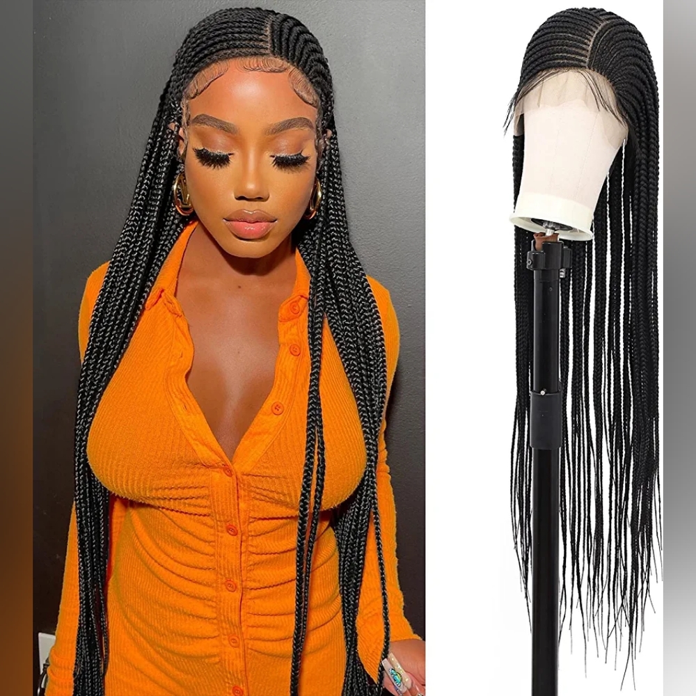 Box Braided Wig Full Lace Front with Baby Hair Black Synthetic 38 Inches